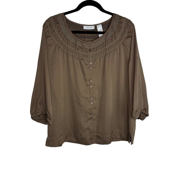 JH Collectibles Womens XL Smocked Neck Button-Front Blouse In Olive Green - Picture 1 of 9